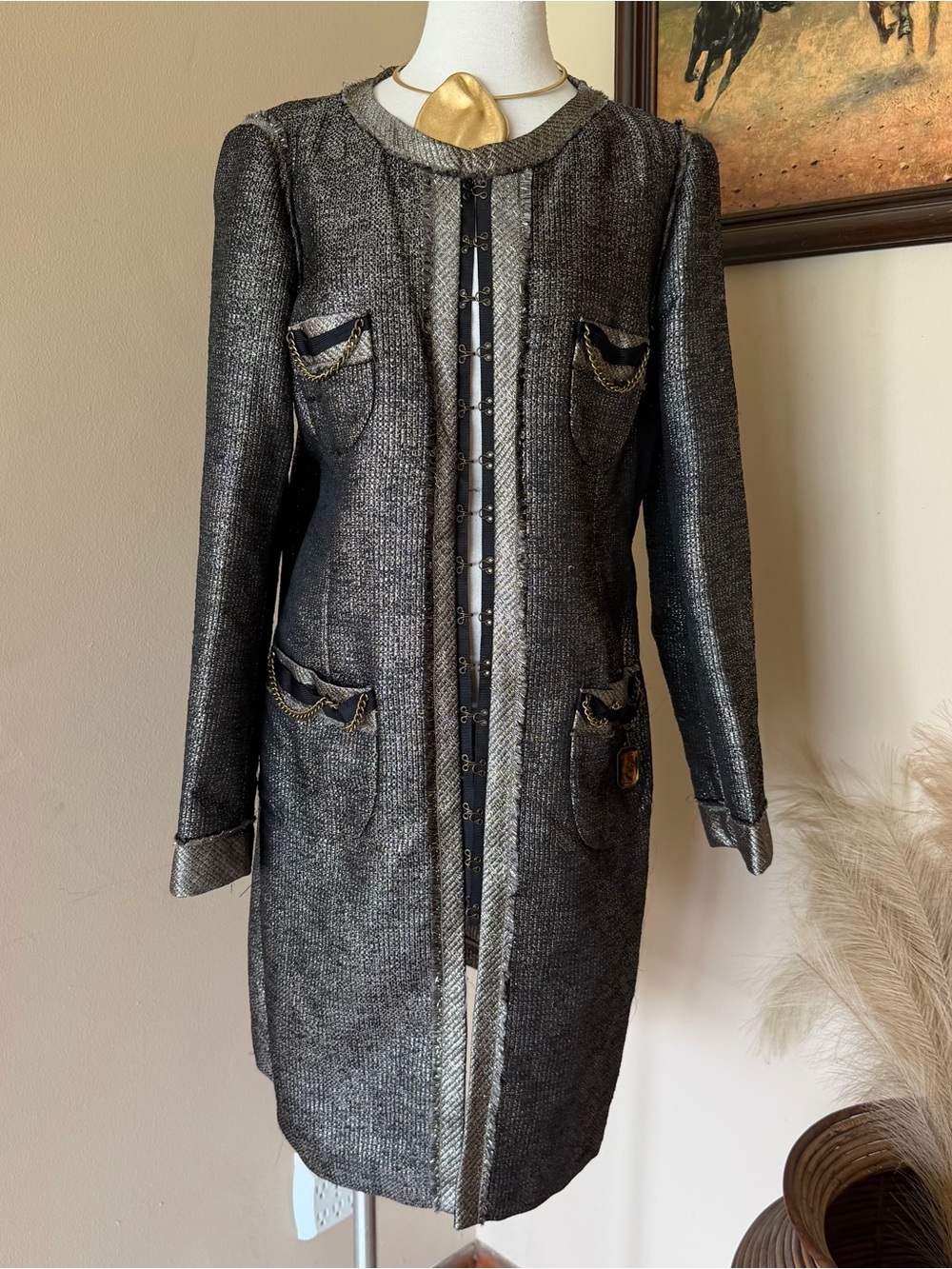 Metallic Black Tweed Long Blazer Jacket